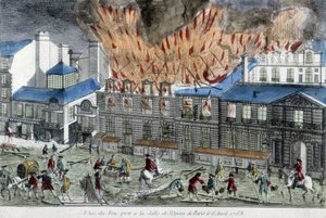 Mężczyźni próbujący ugasić pożar opery paryskiej w 1763 r. autorstwa French School