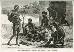 Mężczyźni, kobiety i naczynia (region Bihe, Rwanda). Grafika autorstwa D. Maillarta, ilustrująca opowieść o tym, jak przepłynąłem Afrykę, od Oceanu Atlantyckiego do Oceanu Indyjskiego, autorstwa majora Serpa Pinto, w latach 1877-1878, opublikowaną w Tour d autorstwa French School