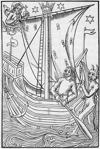 Średniowieczny statek handlowy pośród niebezpieczeństw morskich. Grawerowanie w „La Marine et les colonies: commerce” autorstwa French School