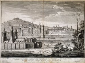 Widok południkowy opactwa Saint Germain des Pres i Luwru w 1410 r. - grawer autorstwa French School