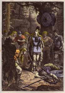 Merovingiens: Clovis 1er zestrzeliwujący żołnierza, który rozbił wazę Soissons, en 486 - Clovis (465-511) i frankoński wojownik, który rozbił wazę Soissons w 486 - grawerunek z „” L
