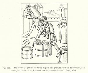 Paryskie mierniki ziarna; według drzeworytu z Ordannances de la Jurisdiction de la Prevoste des Marchands de Paris, Paryż autorstwa French School