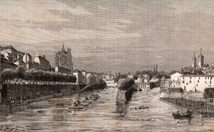 Metz - widok na port Saint-Georges - Moselle - rycina w „La France illustrée: geografia, historia, administracja statystyczna” autorstwa V.A. Malt-Browna. 1884 autorstwa French School