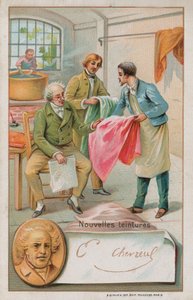 Michel Eugene Chevreul, francuski chemik (1786-1889), sprawdzający niektóre nowe barwniki autorstwa French School