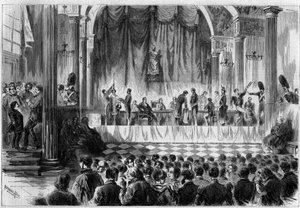 Rekrutacja do wojska: losowanie poborowych z 1858 r. w sali Saint Jean Hotel de Ville w Paryżu. Grawer w „”Le Monde Illustré””n°44 z 13 lutego 1858 r. autorstwa French School