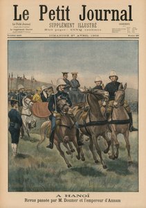 Recenzja wojskowa Paula Doumera, gubernatora generalnego Indochin Francuskich i cesarza Annam, Thanh Thai, w Hanoi, ilustracja na okładce z Le Petit Journal, Supplement Illustre, 27 kwietnia 1902 (
