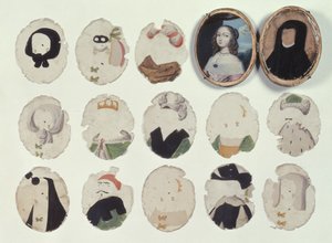 Miniatura do przeobrażeń składająca się z etui z namalowanym portretem młodej dziewczyny oraz namalowanych pasków miki, które pasują do zmiany portretu (kość słoniowa, mika i farba) autorstwa French School