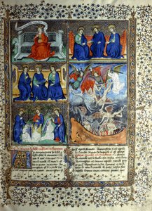 Miniatura przedstawiająca Królestwo Niebieskie przed stworzeniem: Sapientia, Trójca i Wypędzenie Lucyfera z Nieba, ok. 1410 autorstwa French School
