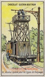 Mobilna platforma do remontów napowietrznych linii elektroenergetycznych w tramwajach (chromolitho) autorstwa French School