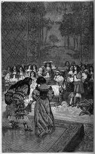 Moliere i jego trupa grająca przed królem Ludwikiem XIV i kardynałem Jules Mazarinem (Giulio Raimondo Mazzarino lub Mazarino) (1602-1661). Grawer w „The Illustrious World” 1886. autorstwa French School