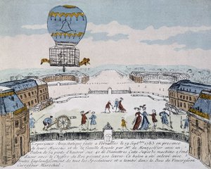 Pierwszy lot aerostatu zamieszkanego przez zwierzęta Montgolfiera zorganizowany w Wersalu, 19 września autorstwa French School