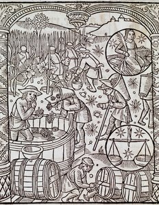 Miesiąc zbiorów, ze znakami zodiaku Panna i Waga, Grawerowanie z Le grand calendrier des bergers, Francja autorstwa French School