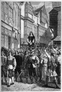 Montrose został zabrany do więzienia na wózku - James Graham (1612-1650), markiz Montrose szkocki generał wystawiony na High Street w Edynburgu, w 1650 r. - rycina z „Historii Anglii od najdawniejszych czasów” autorstwa Francois Guizot 187 autorstwa French School