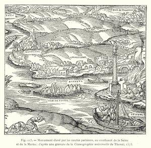 Pomnik wzniesiony przez paryskich żeglarzy u zbiegu Sekwany i Marny; po rycinie Kosmografii uniwersalnej Theveta; 1575 (grawerowanie) autorstwa French School