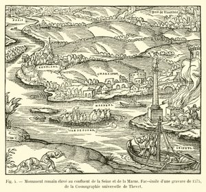 Pomnik rzymski wzniesiony u zbiegu Sekwany i Marny, faksymile ryciny z 1575 r. z Cosmographie universelle firmy Thevet autorstwa French School