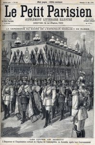 Moskiewskie uroczystości: cesarz rosyjski Mikołaj II (1868 -1918) i impresor Aleksandra Fiodorowna Romanowa (1872-1918) opuszczają kościół Wniebowzięcia NMP na Kremlu po ich koronacji 14 maja autorstwa French School