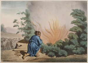 Mojżesz i gorejący krzew, ilustracja z katechizmu LHistoire Sainte, wyd. Charles Delagrave, Paryż, koniec XIX wieku autorstwa French School