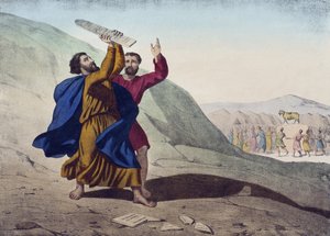 Mojżesz łamiący Tablice Prawa i Adoracja Złotego Cielca, ilustracja z katechizmu LHistoire Sainte, wyd. Charles Delagrave, Paryż, koniec XIX w. autorstwa French School
