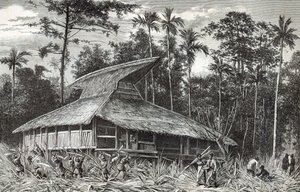 Meczet w Dodinga, Nowa Gwinea, ilustracja z magazynu Le Tour du Monde, 1879 autorstwa French School