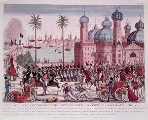 Ruch wojsk do wymuszenia angielskich statków z Konstantynopola, 21 marca 1807 (kolorowy grawerunek) autorstwa French School