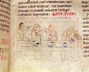 Ms.1215 t.3 fol.158v, Posiłek z Judith i Holofernes, z Biblii Etienne Harding, 1109