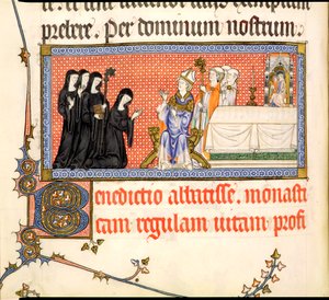 Ms.298 f82v Ofiarowanie opatki z Papieskiego Metzu, napisane dla Raymonda Bara, biskupa Metz, 1302-16 autorstwa French School