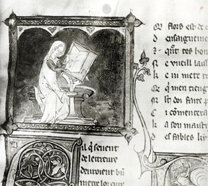 Ms.3142 fol.256 Marie de France (fl.XII w.) pismo, z antologii wierszy francuskich, ok.1280-90 (szczegół) autorstwa French School
