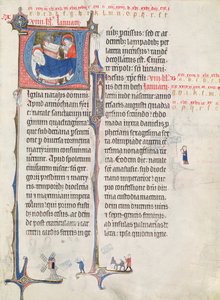 Ms.838 fol.55 Historyczne inicjały „U” i „I” przedstawiające szopkę i Dzieciątko Chrystusa, z „Obituaire de Notre Dame de Pres”, po 1270 r. (patrz także 155905) autorstwa French School