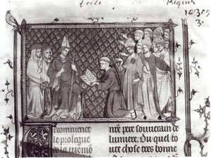 pani ks. 5716 f.2 Jean dAntioch przed Marcinem IV, z Life and Miracles of St. Louis, c.1330-40 autorstwa French School