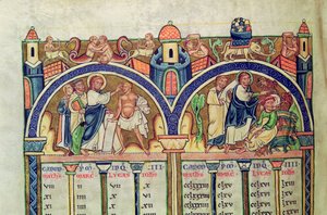 Ms 10 f.128v Kanon Ewangelistów, szczegół przedstawiający Chrystusa uzdrawiającego człowieka z opuchlizną i wypędzającego demony z opętanego człowieka, z Biblii łacińskiej autorstwa French School