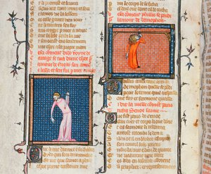 Ms 1126 Samobójstwo Dydony mieczem i samobójstwo Phyllis przez powieszenie, z Le Roman de la Rose autorstwa Guillaume de Loris i Jean de Meung, c.1360-70 autorstwa French School