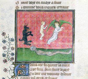 Ms 1130 Dusza opuszczająca ciało w towarzystwie anioła, miniatura z Le Livre des Proprietes des Choses Barthelemy
