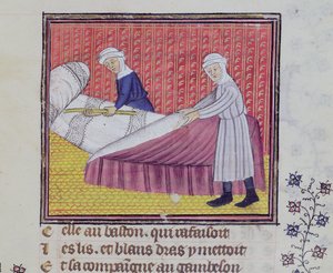 Ms 1130 fol.83r Czystość i ubóstwo ścielenie łóżka, z Le Roman des Trois Pelerinages Guillaume de Digulleville autorstwa French School