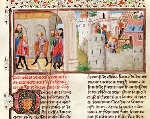 Ms 149 t.1 fol.16 Umowa i budowa zamku, z Histoire des Nobles Princes de Hainaut, Jacques de Guise autorstwa French School