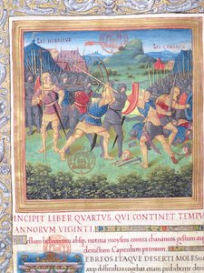 pani 1581 f. 071 Ilustracja z Księgi IV (Od odrzucenia tego pokolenia do śmierci Mojżesza), rozdział 1 Starożytności Żydów (Antiquitates Judaicae) autorstwa Flawiusza Józefa - Walka autorstwa French School