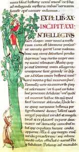Ms 173 f.41 Historyczny inicjał I przedstawiający mnicha oraz świeckiego rąbiącego i przycinającego drzewo, z Moralia w Hiobie papieża Grzegorza Wielkiego autorstwa French School
