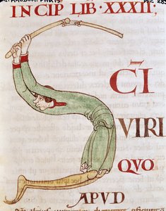 Ms 173 fol.148r Historyczny inicjał S przedstawiający młócącego człowieka, z Moralia in Job przez papieża Grzegorza Wielkiego autorstwa French School