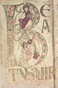 Ms 18 f.1v Historyczny inicjał B przedstawiający św. Jana Ewangelistę i Anioła z Psałterza z Corbie autorstwa French School