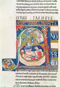 Ms 1 fol.185v Historyczny inicjał A przedstawiający Daniela w jaskini lwów, z Biblii Souvigny autorstwa French School