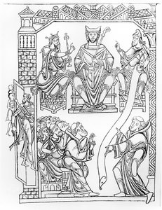 p. 210 fol 19v. Kartuarium Mont Saint-Michel: Książę Normandii Ryszard II darujący ziemie i przywileje klasztorowi Mont Saint-Michel (rycina według rysunku z 1150 roku) autorstwa French School