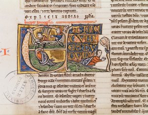 Ms 21 Fol.163v Historyczny inicjał E przedstawiający Jonasza wrzuconego do morza, z nieokreślonej Biblii