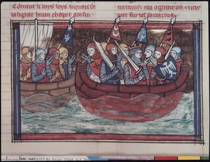 Ms 22495 fol.287 Zaokrętowanie za granicę, z Le Roman de Godefroi de Bouillon, 1337 autorstwa French School
