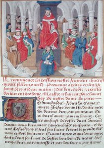 Ms 230 fol.1 Jean de Gerson (1363-1429) wygłaszający rano Mękę Pańską w kościele św. Bernarda w Paryżu, z Kazania sur la Passion et Traites Divers, ok. 1480 autorstwa French School