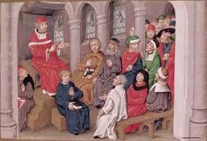 Ms 230 fol.25 Jean de Gerson (1363-1429) głoszący Mękę Pańską po obiedzie w kościele św. Bernarda w Paryżu, z Sermons sur la Passion et Traites Divers, ok. 1480 autorstwa French School