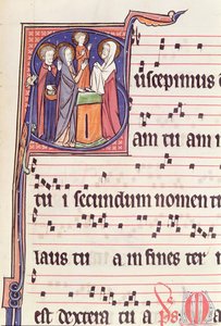 Ms 241 f.144 Historyczny inicjał S przedstawiający Ofiarowanie Jezusa w świątyni, z antyfonału na konsekrację kościoła opactwa Vauclair, 1257 autorstwa French School