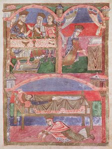 Ms 250 f.24r St. Radegunda (518-87) przy stole Clothara I (497-561), w jej oratorium i u stóp królewskiego łoża, z Żywotu św. Radegundy autorstwa French School