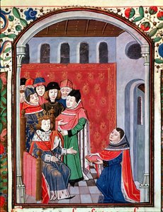 Ms 3045 fol.1 Jean de Meung (1240-1305) oferuje swoje tłumaczenie Philippe le Bel (1268-1314) z Pocieszenia filozoficznego Boecjusza autorstwa French School