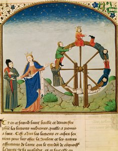Ms 3045 fol.22v Boecjusz z kołem fortuny, z Pocieszenia Filozofii, przekład Jean de Meung autorstwa French School