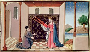 Ms 3045 fol.68v Lady Philosophy oferuje Boecjuszowi skrzydła, które pozwolą jego umysłowi wznieść się w górę autorstwa French School