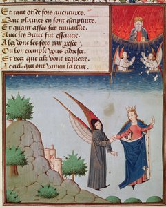 Pani 3045 fol.94r Lady Filozofia prowadzi Boecjusza do lotu w niebo na skrzydłach, które mu dała; Bóg Ojciec patrzy w błogosławieństwie autorstwa French School